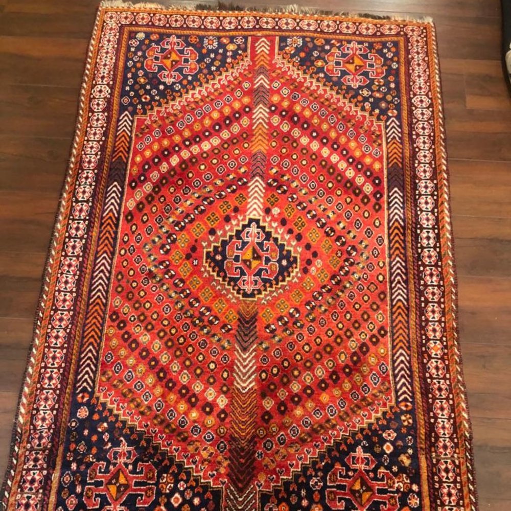 Unique Antique Vintage Rare Real Wool QASHQAI RUG 4' 6" x 7' FT Handmade